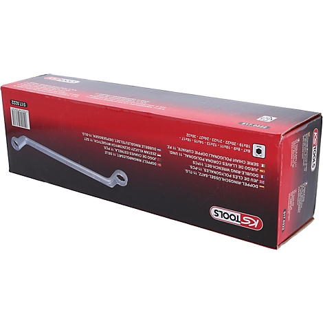 Eine rechteckige Verpackung mit einer abgebildeten Ringschlüssel. Die Verpackung hat rote und schwarze Farbtöne, sowie Logos und Text.